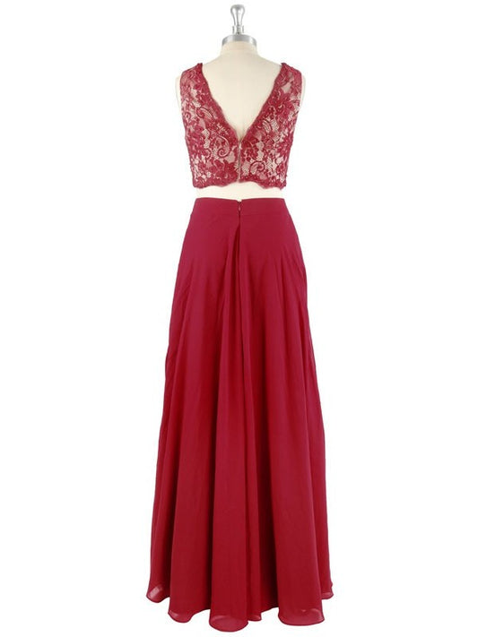 A-Line/Princess Floor-Length Lace Sleeveless Chiffon V-neck Two Piece Dresses