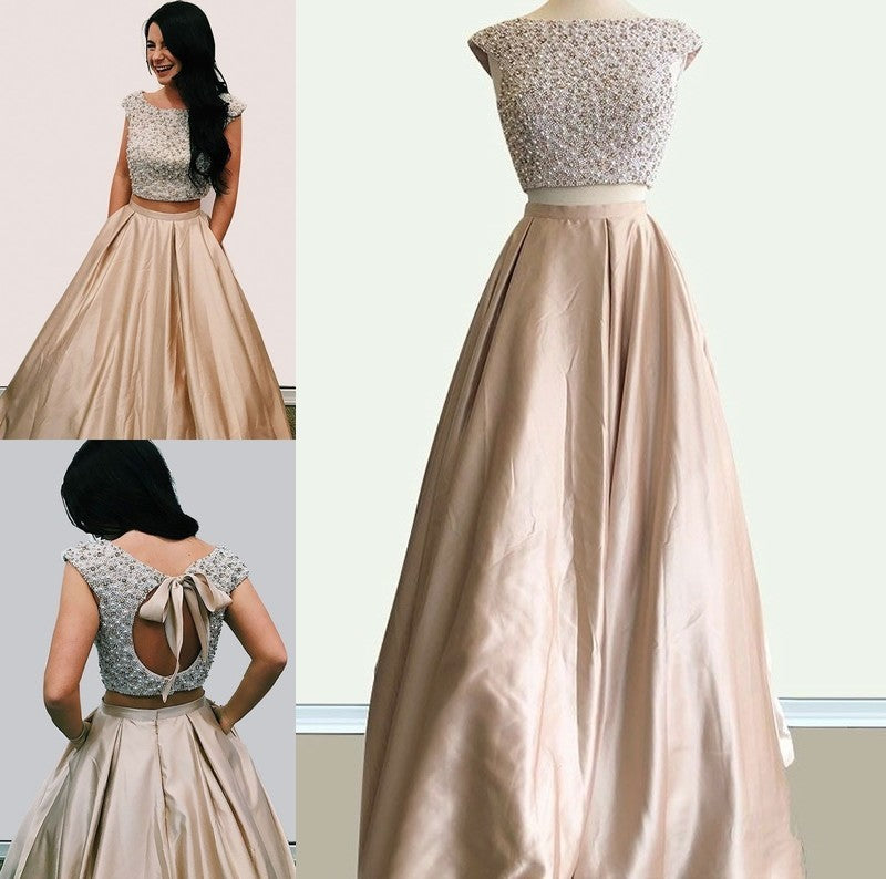 Floor-Length Sleeveless Scoop A-Line/Princess Beading Satin Dresses