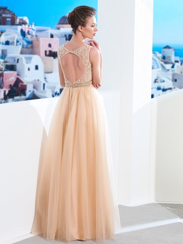 A-Line/Princess Sleeveless Scoop Floor-Length Beading Tulle Dresses