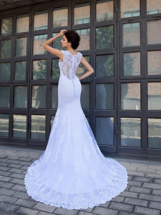 V-neck Sleeveless Long Trumpet/Mermaid Applique Satin Wedding Dresses