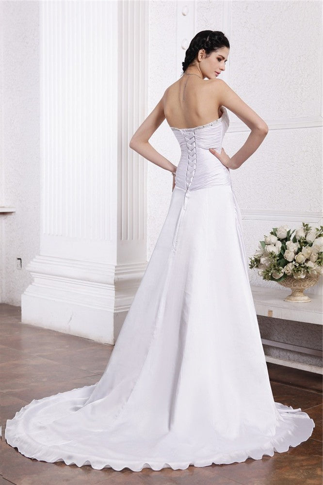 A-Line/Princess Sleeveless Ruffles Beading Strapless Silk Long like Satin Wedding Dresses