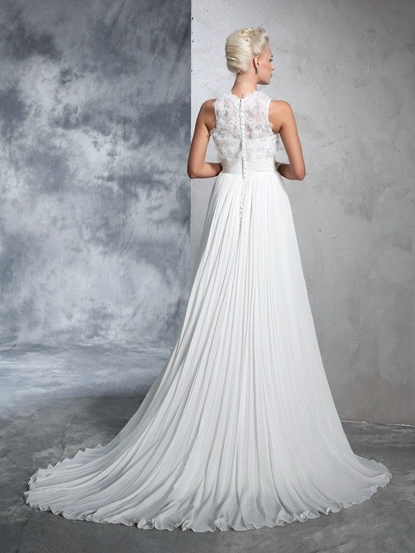 Long High Sleeveless A-Line/Princess Pleats Neck Chiffon Wedding Dresses