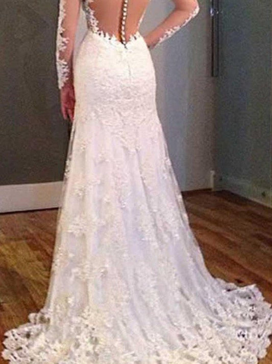 Trumpet/Mermaid Sweep/Brush Train V-neck Applique Long Sleeves Lace Wedding Dresses