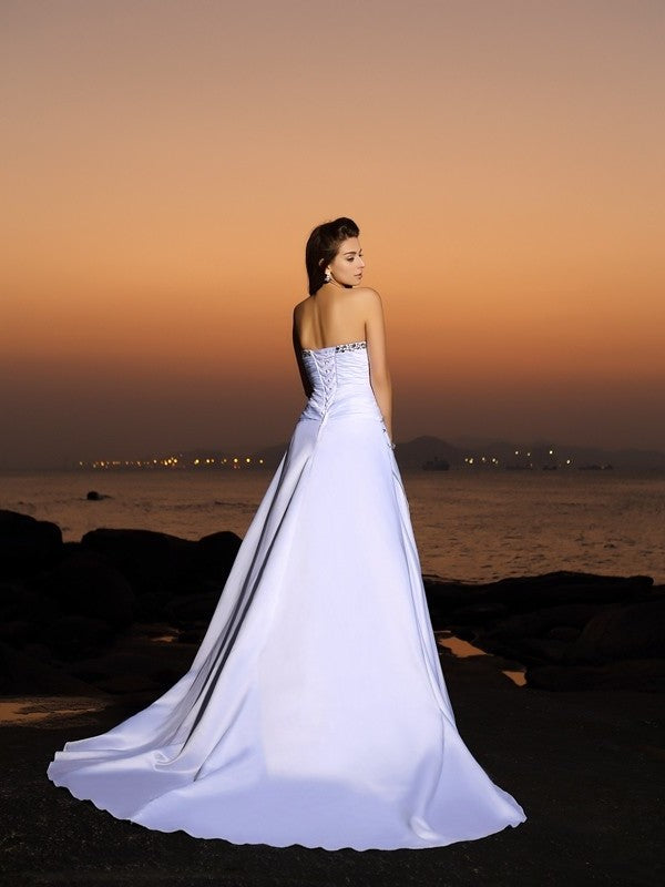 Strapless Beading Satin A-Line/Princess Long Sleeveless Beach Wedding Dresses