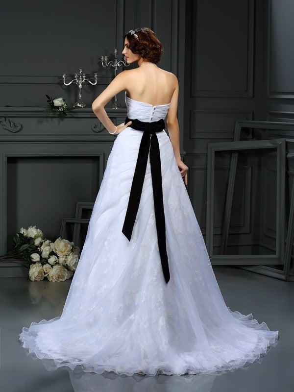 Sash/Ribbon/Belt Sleeveless Long Sweetheart A-Line/Princess Satin Wedding Dresses