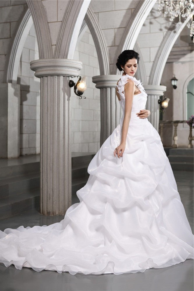 Gown Sleeveless One-Shoulder Ball Pleats Long Organza Wedding Dresses