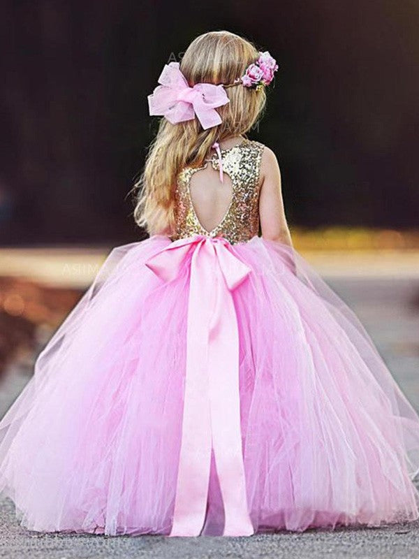 Ball Scoop Gown Sleeveless Sequin Floor-Length Tulle Flower Girl Dresses