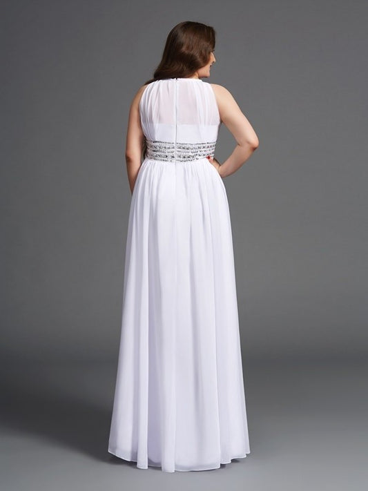 Sleeveless Chiffon Long Beading A-Line/Princess Jewel Plus Size Dresses