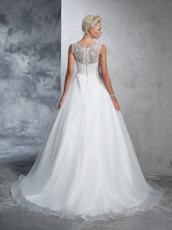 Gown Neck Ball Sheer Long Lace Sleeveless Net Wedding Dresses