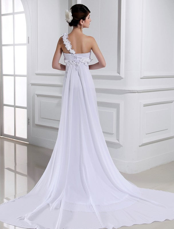 Hand-made One-shoulder Flower Sleeveless Beading A-Line/Princess Chiffon Wedding Dresses
