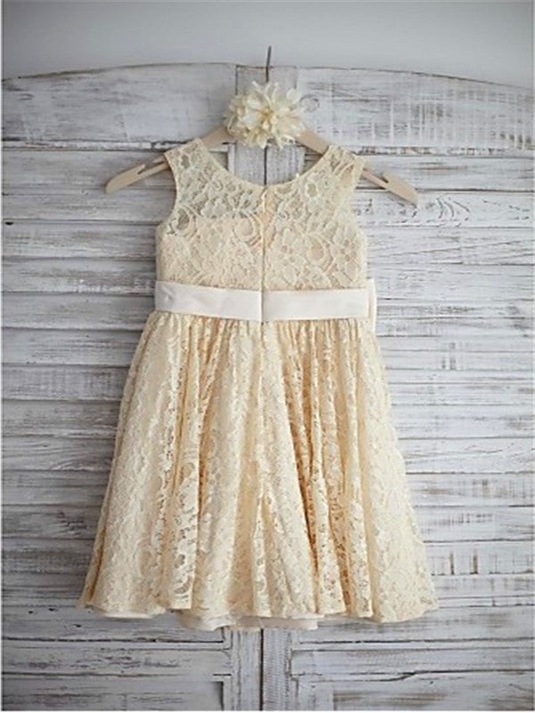 Bowknot Lace Knee-Length Scoop Sleeveless A-line/Princess Flower Girl Dresses
