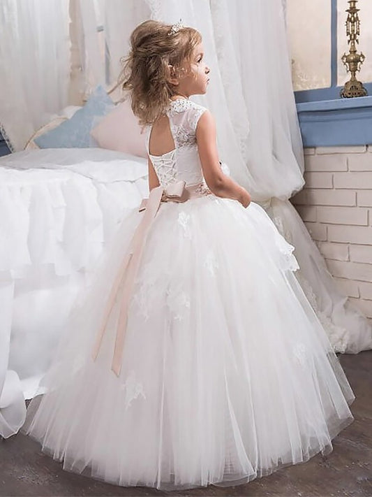 Tulle Sleeveless Ball Gown Crystal Jewel Floor-Length Flower Girl Dresses
