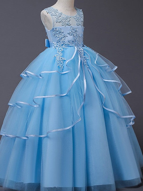 Floor-Length Applique A-Line/Princess Scoop Sleeveless Tulle Flower Girl Dresses