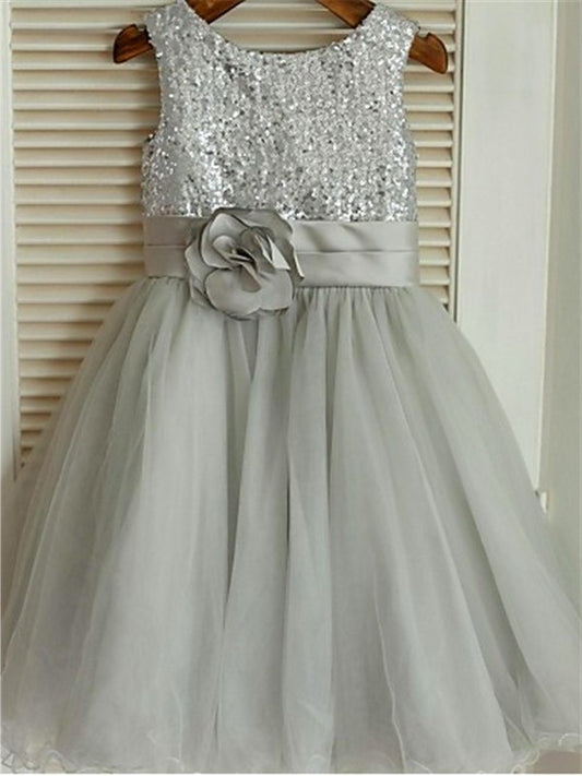 Tea-Length Sleeveless Sequin A-line/Princess Tulle Scoop Flower Girl Dresses
