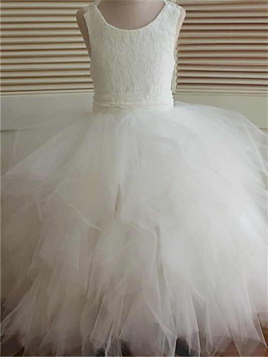Tulle Gown Sleeveless Scoop Lace Ankle-Length Ball Flower Girl Dresses