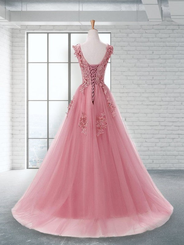 Sweep/Brush Scoop Sleeveless Train A-Line/Princess Applique Tulle Dresses