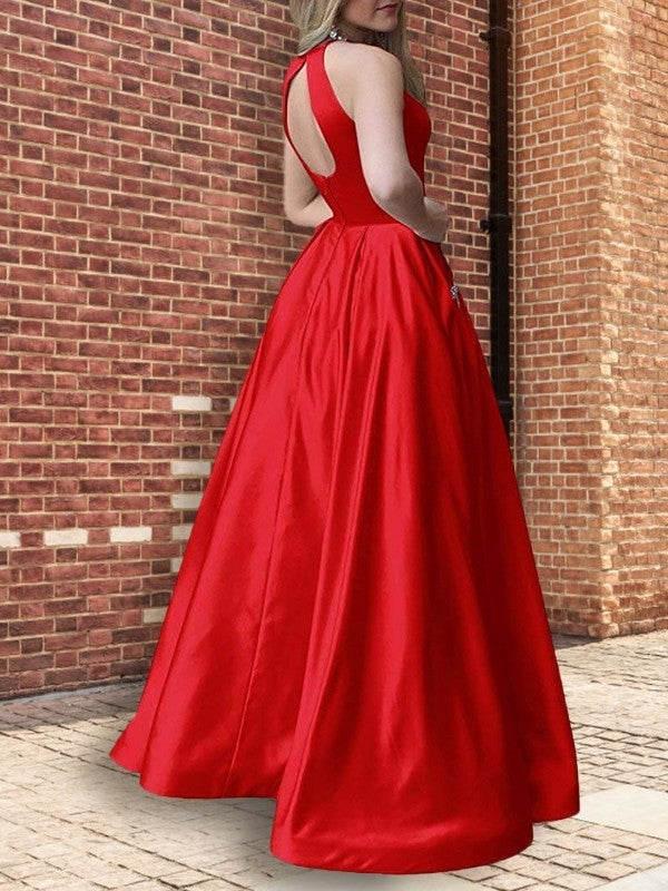 Sleeveless A-Line/Princess Halter Floor-Length Beading Satin Dresses