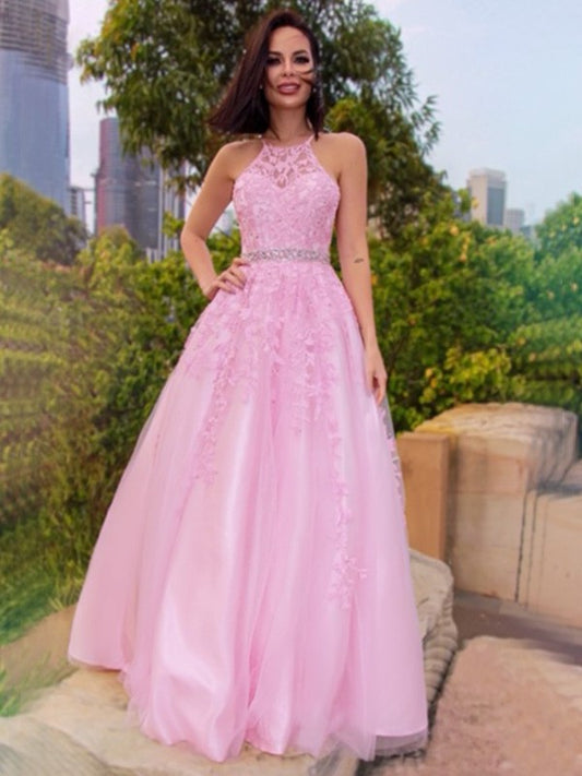 A-Line/Princess Halter Applique Tulle Sleeveless Floor-Length Dresses