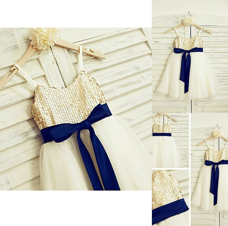A-line/Princess Spaghetti Straps Sleeveless Sequin Tulle Ankle-Length Flower Girl Dresses