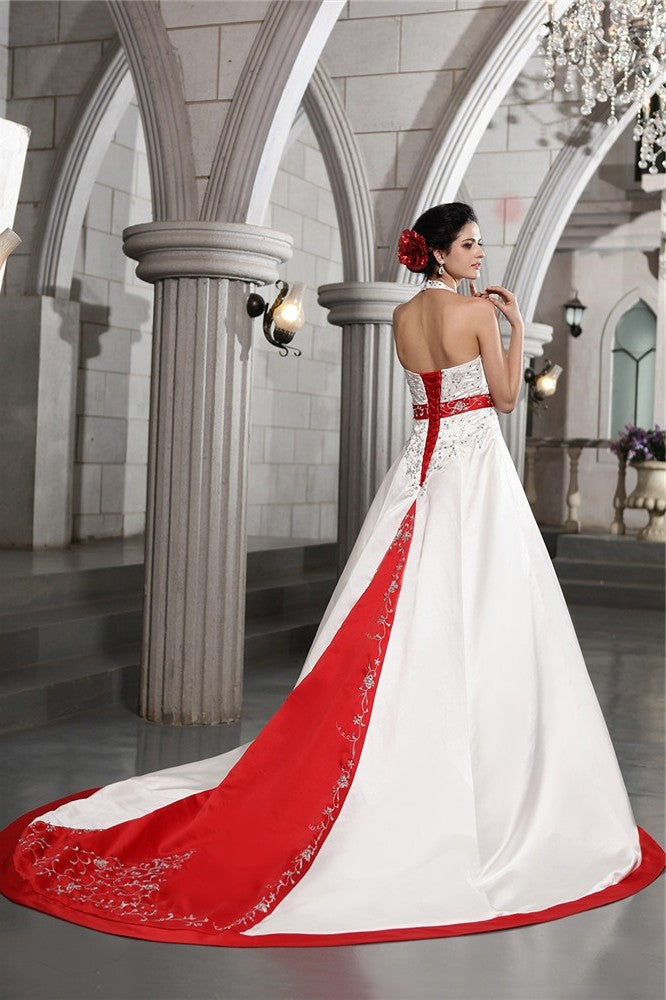 Long Sleeveless A-Line/Princess Embroidery Beading V-neck Satin Wedding Dresses