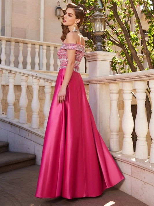Satin Sleeveless Beading A-Line/Princess Floor-Length Off-the-Shoulder Two Piece Dresses