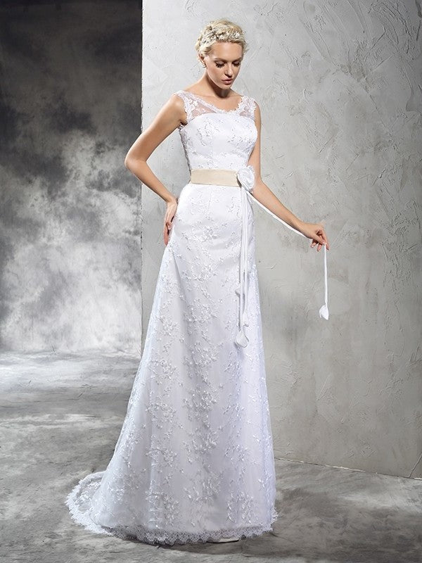 Sheer Hand-Made Sleeveless Neck Long Sheath/Column Flower Satin Wedding Dresses