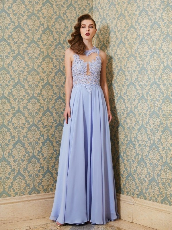 A-Line/Princess Scoop Floor-Length Sleeveless Applique Chiffon Dresses