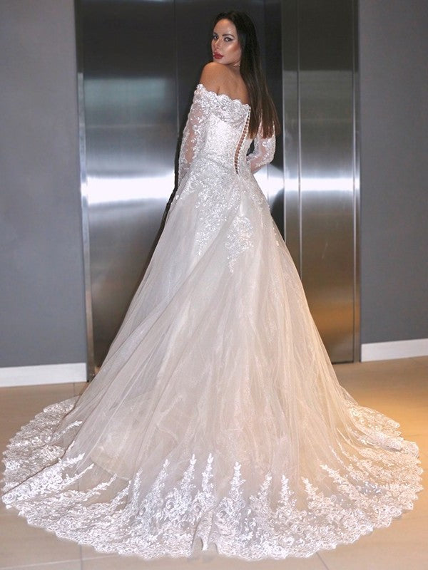 Sleeves Lace Sweep/Brush Applique Off-the-Shoulder A-Line/Princess Long Train Wedding Dresses
