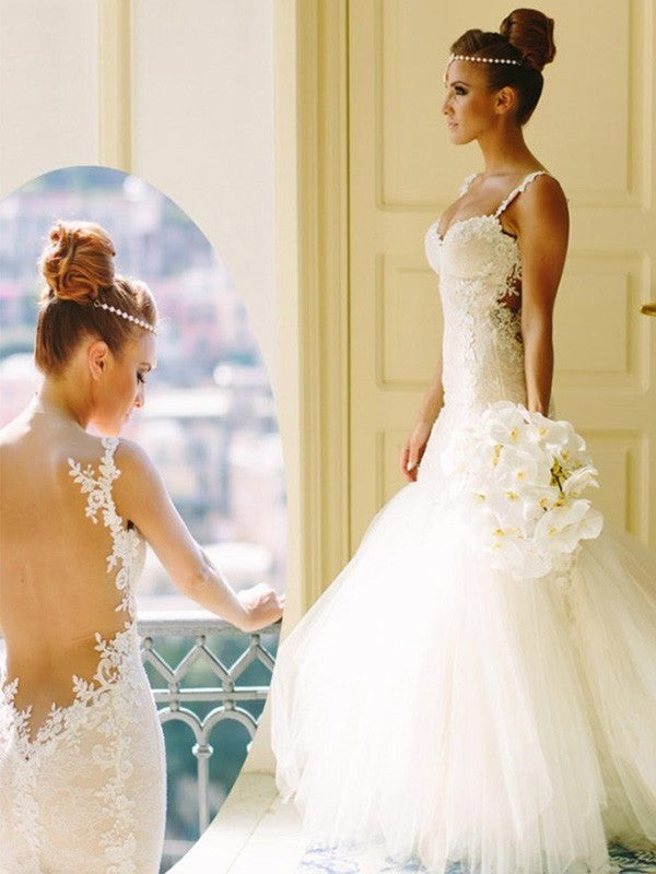 Trumpet/Mermaid Train Spaghetti Applique Sleeveless Sweetheart Court Straps Lace Tulle Wedding Dresses