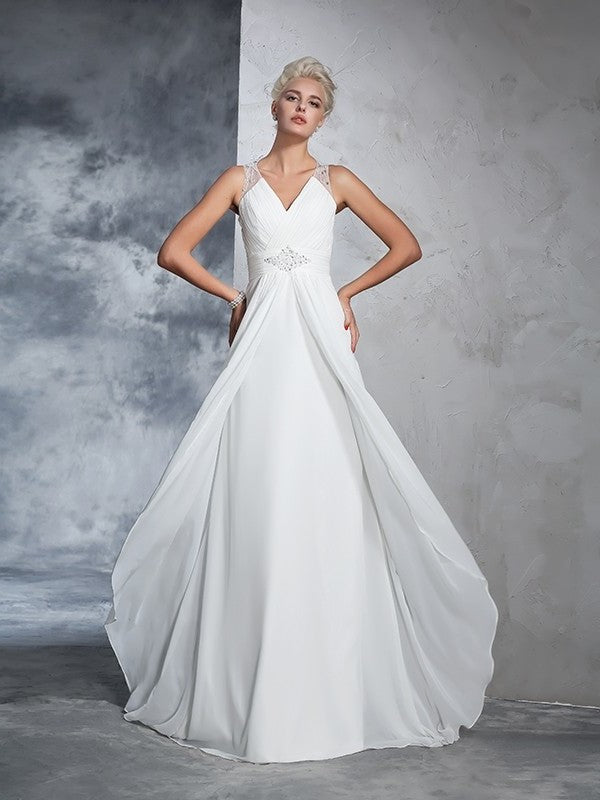 Long Sleeveless Ruched A-Line/Princess V-neck Chiffon Wedding Dresses