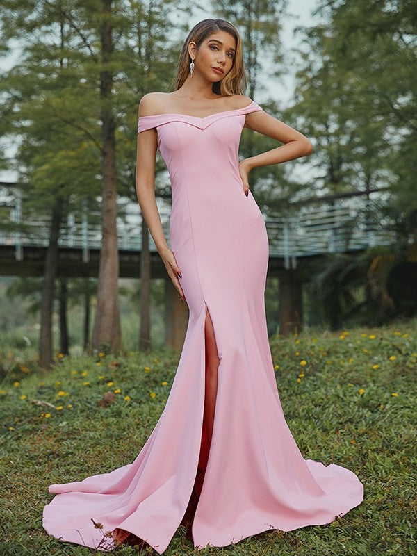 Ruched Sheath/Column Sleeveless Off-the-Shoulder Stretch Crepe Sweep/Brush Train Bridesmaid Dresses