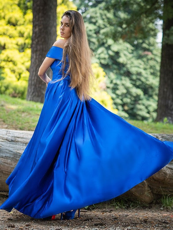 Satin A-Line/Princess Off-the-Shoulder Ruffles Sleeveless Floor-Length Dresses
