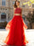 Beading Tulle Straps Floor-Length Sleeveless A-Line/Princess Spaghetti Two Piece Dresses