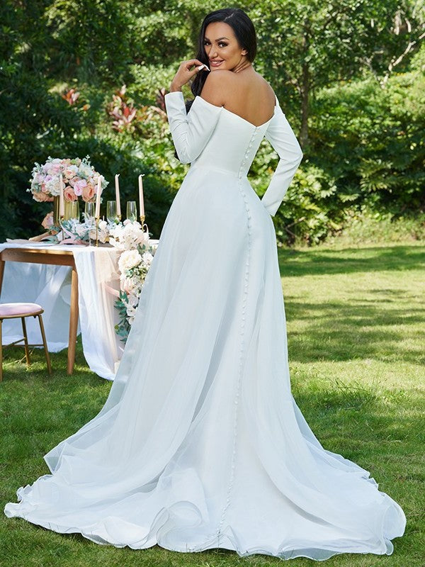 A-Line/Princess Sleeves Tulle Long Ruffles Sweep/Brush Off-the-Shoulder Train Wedding Dresses