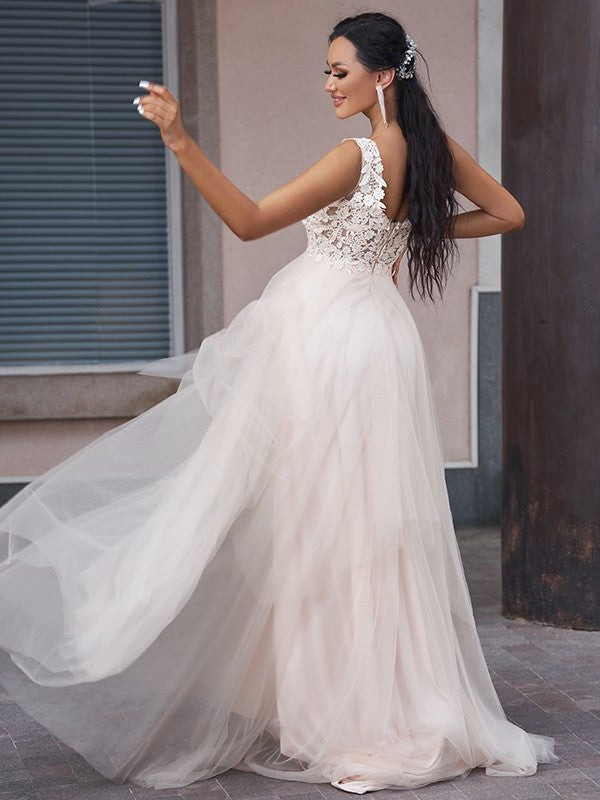 Applique Tulle Sleeveless Sweep/Brush A-Line/Princess V-neck Train Wedding Dresses