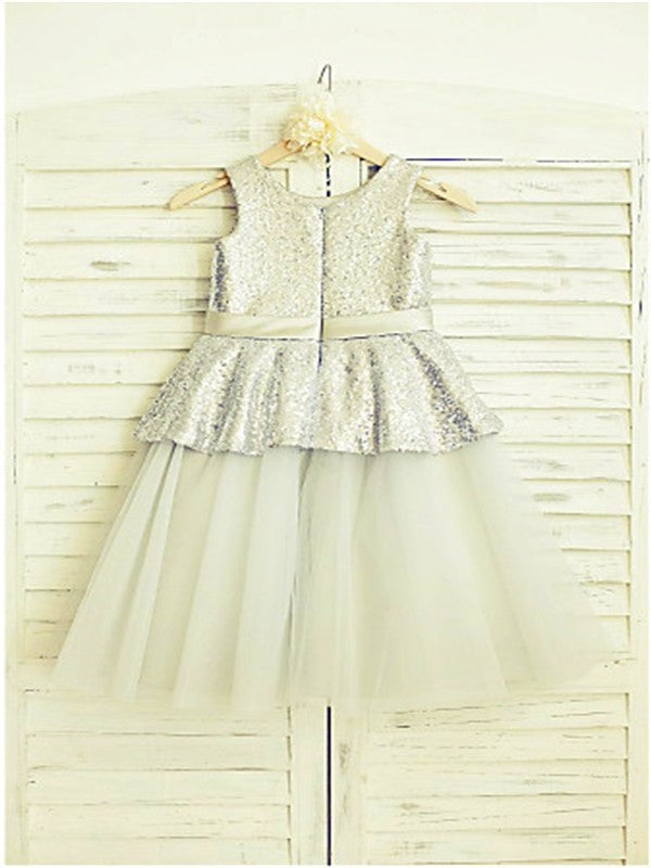 Tea-Length A-line/Princess Sequin Sleeveless Scoop Tulle Flower Girl Dresses