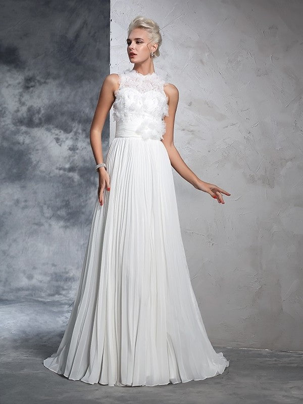 Long High Sleeveless A-Line/Princess Pleats Neck Chiffon Wedding Dresses