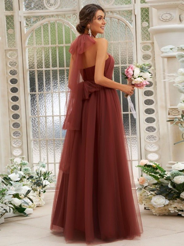 A-Line/Princess Halter Tulle Ruffles Sleeveless Floor-Length Bridesmaid Dresses
