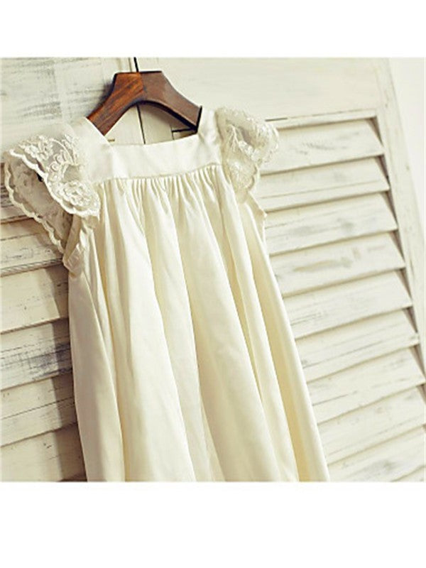 A-line/Princess Short Sleeves Chiffon Lace Scoop Tea-Length Flower Girl Dresses