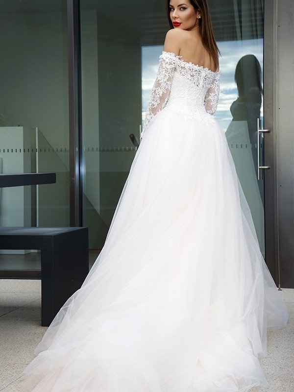 Applique Long Tulle Court A-Line/Princess Off-the-Shoulder Sleeves Train Wedding Dresses