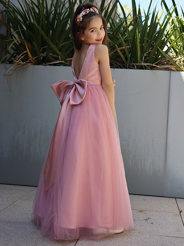 Bowknot Tulle A-Line/Princess Floor-Length Sleeveless V-neck Flower Girl Dresses