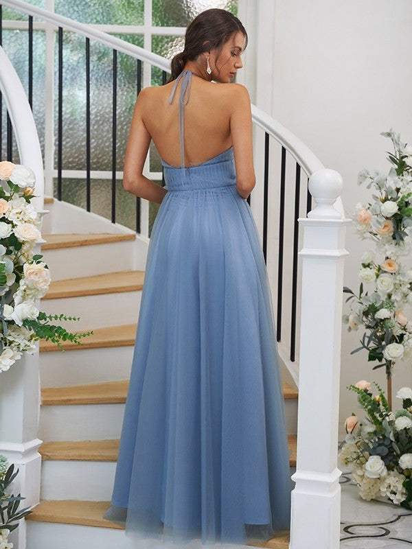 Halter Sleeveless A-Line/Princess Tulle Ruched Floor-Length Bridesmaid Dresses