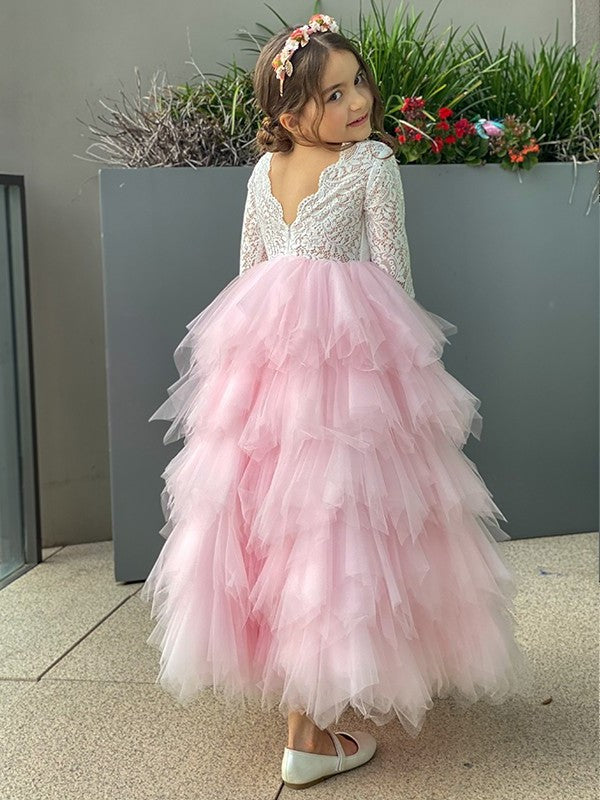 A-Line/Princess Sleeves Scoop Tulle 3/4 Lace Ankle-Length Flower Girl Dresses
