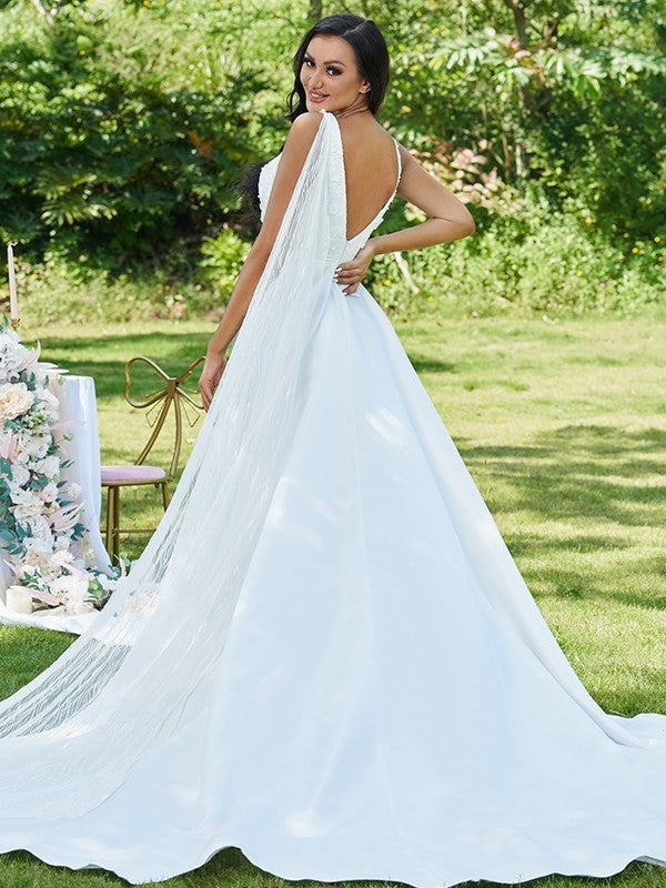 Satin A-Line/Princess Applique V-neck Sweep/Brush Sleeveless Train Wedding Dresses