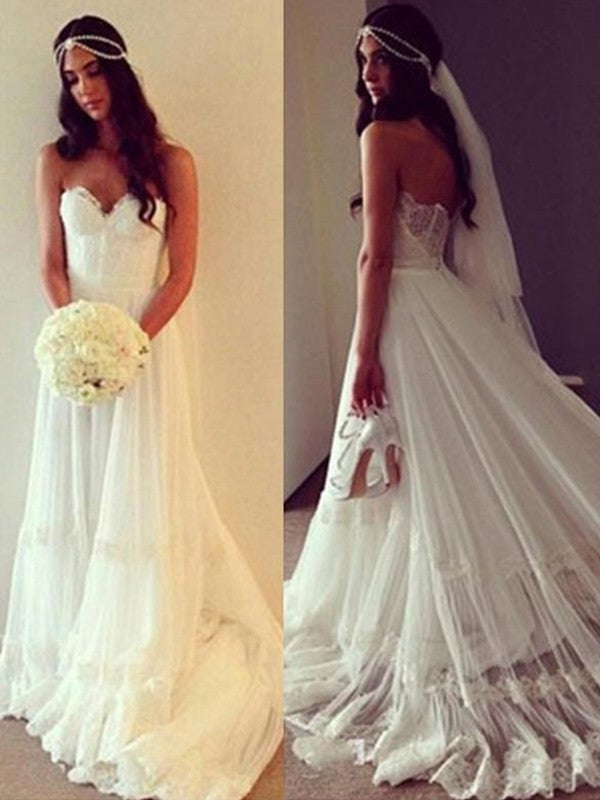 Sweetheart Sleeveless Court Tulle A-Line/Princess Lace Train Wedding Dresses