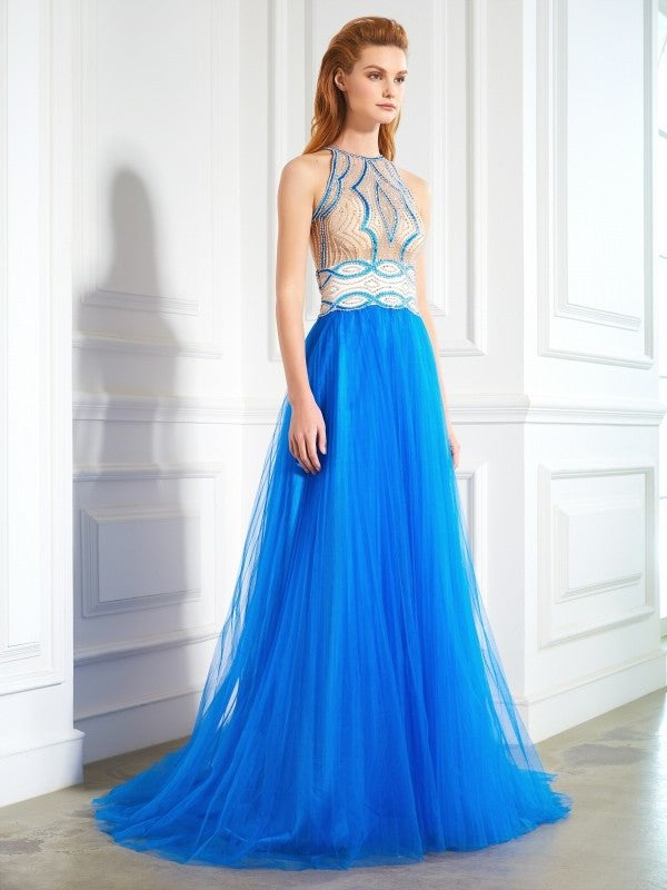 Sleeveless A-Line/Princess Jewel Beading Floor-Length Net Dresses