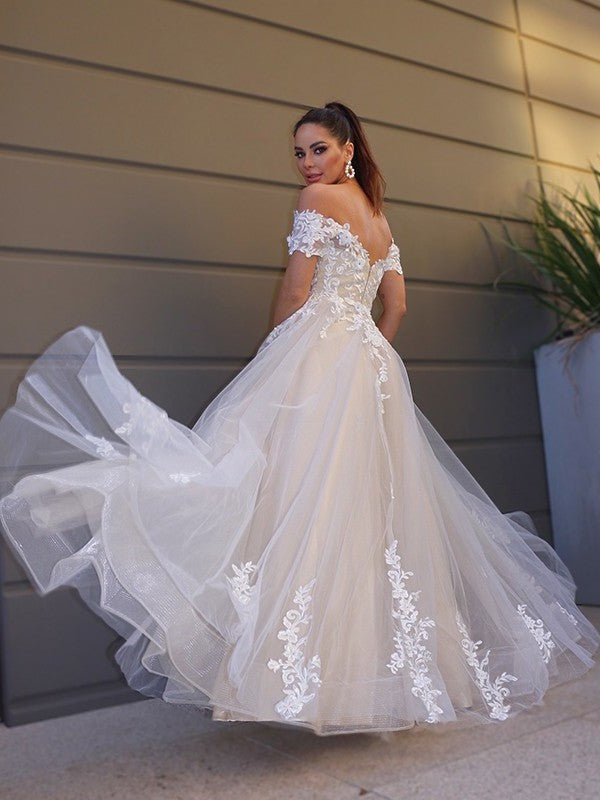 A-Line/Princess Tulle Off-the-Shoulder Short Applique Sleeves Floor-Length Wedding Dresses