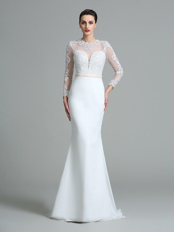 Long Lace Sleeves Long Trumpet/Mermaid Jewel Satin Wedding Dresses