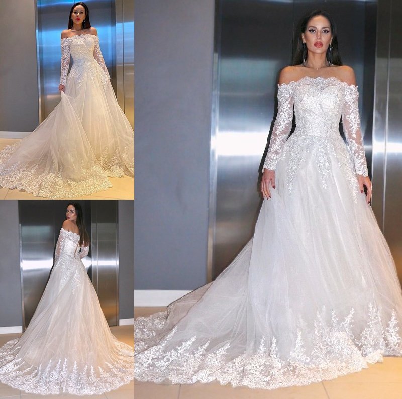 Sleeves Lace Sweep/Brush Applique Off-the-Shoulder A-Line/Princess Long Train Wedding Dresses