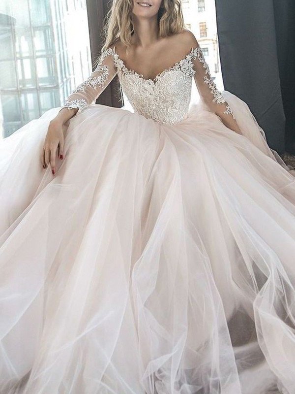 Sleeves A-Line/Princess Court Train Off-the-Shoulder Long Applique Tulle Wedding Dresses